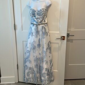 Cachet strapless size 10 white/ blue gown w/ attached stone belt, lace up back